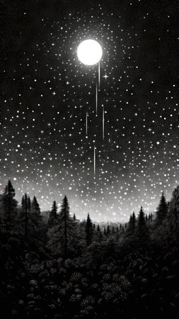Night sky with full moon and stars with fir trees in the foreground. (ai generated)の素材
