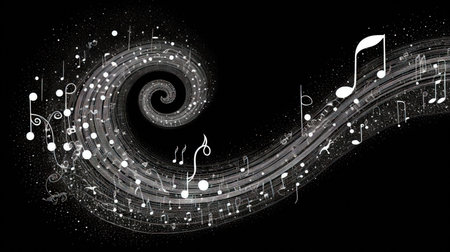 Abstract musical background with notes and swirls. Vector illustration. (ai generated)の素材