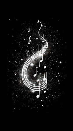 Illustration of a musical note against a dark background with lights and stars. (ai generated)の素材