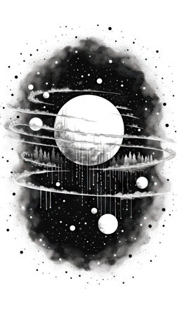 Hand drawn night sky with stars and planets. Black and white illustration. (ai generated)の素材