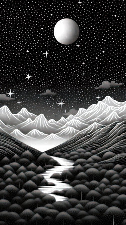 Mountain landscape with moon and stars in the night sky illustration. (ai generated)の素材