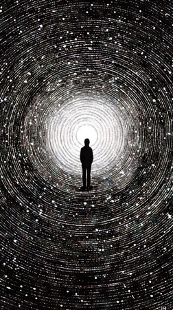 Silhouette of a man standing in the center of a starfield. (ai generated)の素材