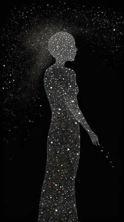 Silhouette of a woman in a white dress on a background of stars. (ai generated)の素材