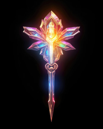 Illustration of a magic wand with a multi-colored star on a black background. (ai generated)の素材