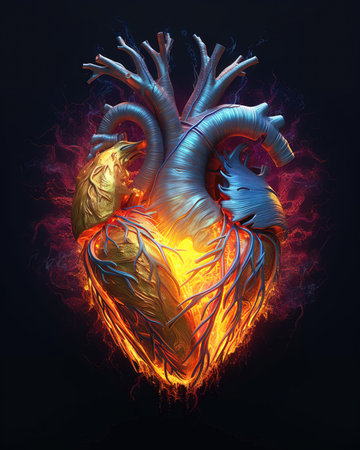 Human heart in fire on a black background. (ai generated)の素材