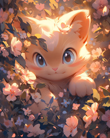 Cute little kitten among blooming sakura flowers. (ai generated)の素材