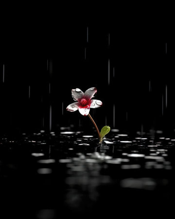 Water drops and flower on a black background with space for text. (ai generated)の素材