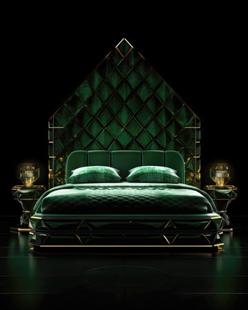 Luxury bedroom with green bed in the style of the 1920s. (ai generated)の素材