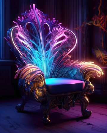 Illustration of an armchair in a dark room with a glowing background. (ai generated)の素材