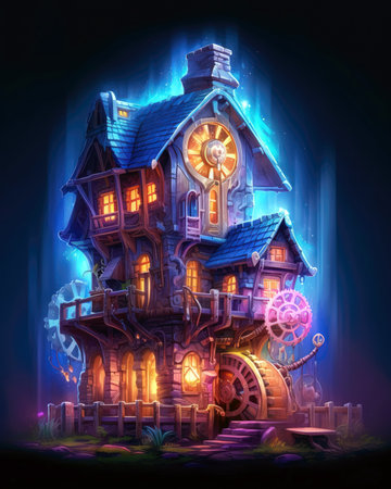 Night fairy tale house with glowing lights and gears. Fantasy illustration. (ai generated)の素材