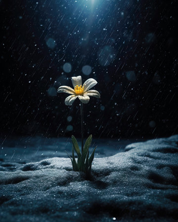 Daisy flower in the snow with rain drops. (ai generated)の素材