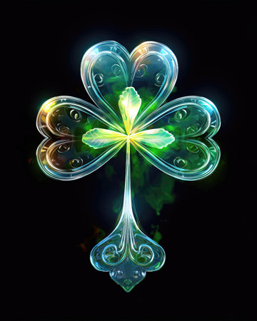 Illustration of a clover on a black background with a glow effect. (ai generated)の素材
