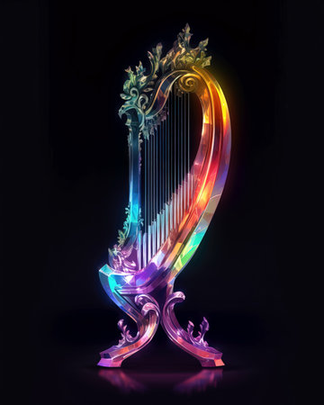 Harp on a black background. 3D illustration. Neon light. (ai generated)の素材