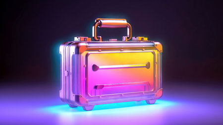 3D rendering of a suitcase in neon light on a dark background. (ai generated)の素材