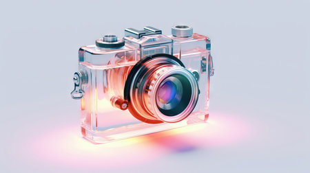 Retro camera on a white background. 3d rendering. Neon light. (ai generated)の素材