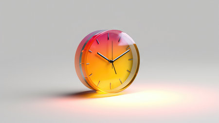 3D rendering of an orange clock on a white background with a light spot (ai generated)の素材