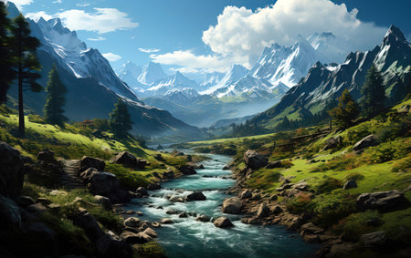 Mountain landscape with river and high peaks in the clouds. Digital painting (ai generated)の素材