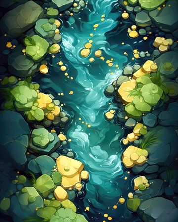 Illustration of a river with stones and plants in the water. (ai generated)の素材