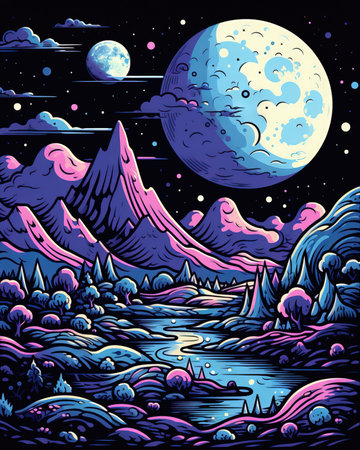 Night landscape with mountains, river and moon (ai generated)の素材
