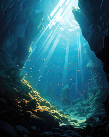 Underwater cave with sun rays shining through the water (ai generated)の素材