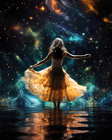 Beautiful young woman in long dress dancing in the space with stars (ai generated)の素材