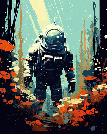 Astronaut in an otherworldly the forest. Vector illustration in retro style. (ai generated)の素材