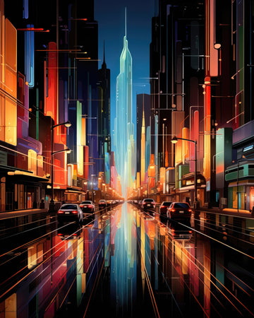 Night city with skyscrapers and high-rise buildings. Vector illustration. (ai generated)の素材