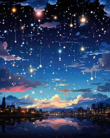 Night sky with stars and clouds over the city. Vector illustration. (ai generated)の素材