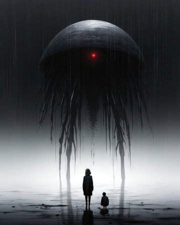 Silhouette of a woman and a child standing in front of a dark cyborg jellyfish (ai generated)の素材
