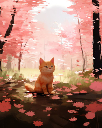 Red cat sitting on the ground in the autumn forest. Digital painting. (ai generated)の素材