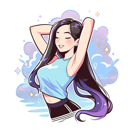 Beautiful fitness girl with long hair. Vector illustration in sketch style. (ai generated)の素材