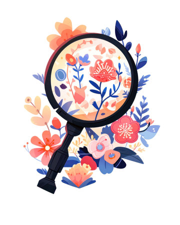 Magnifying glass with flowers and leaves. Vector illustration in cartoon style. (ai generated)の素材