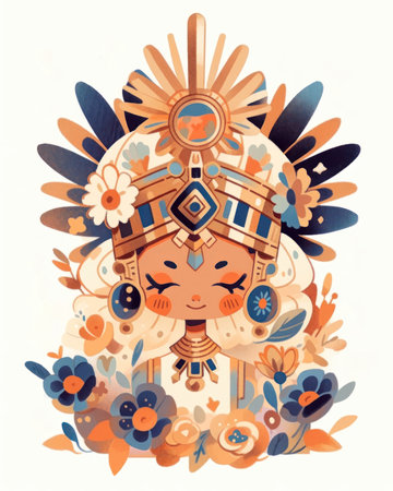 Native american indian chief with floral ornament. Vector illustration.の素材