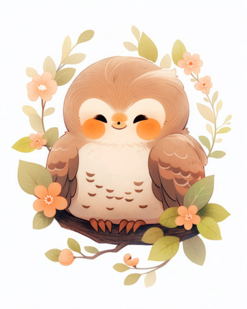 Owl in a nest of flowers on a white background. Vector illustration. (ai generated)の素材