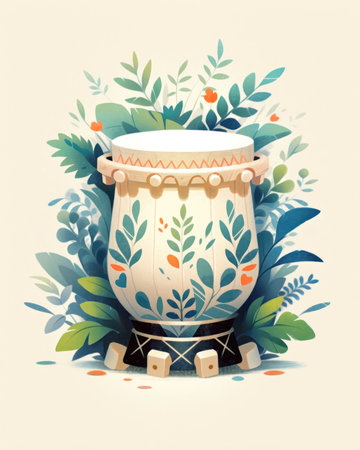 Djembe drum with floral ornament and leaves. Vector illustration. (ai generated)の素材