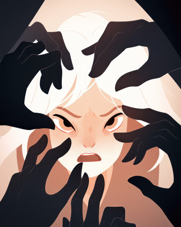 Illustration of a woman's face with many hands around her. (ai generated)の素材