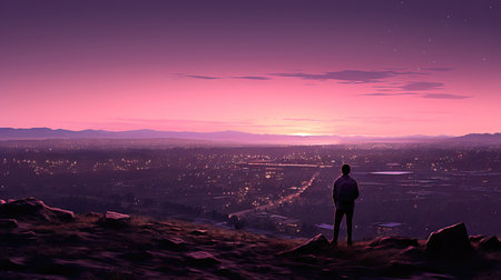 Silhouette of a man standing on the edge of a cliff and looking at the city (ai generated)の素材