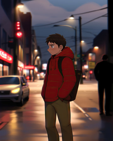 Young man with backpack walking in the city at night. (ai generated)の素材