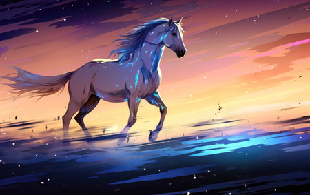 Illustration of a horse on the sea shore at sunset with stars (ai generated)の素材