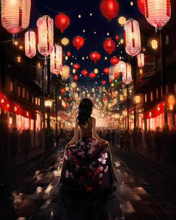 Beautiful asian woman in traditional dress walking on street at night (ai generated)の素材