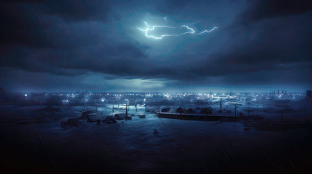 Lightning in the night sky over the city. (ai generated)の素材