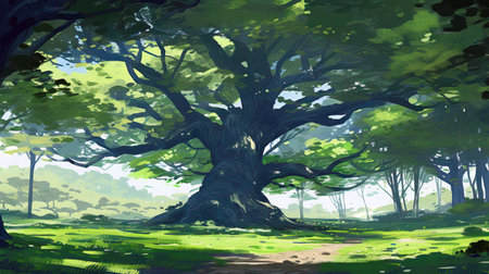 Digital painting of a big oak tree in the middle of the forest (ai generated)の素材