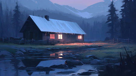 Digital painting of a hut in the forest in the mountains at night (ai generated)の素材