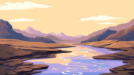 Landscape with river and mountains in cartoon style. Vector illustration. (ai generated)の素材