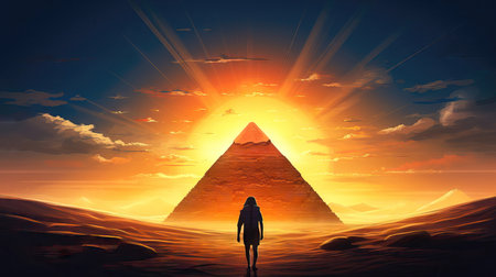 Woman standing in front of the pyramids at sunset. 3D rendering (ai generated)の素材