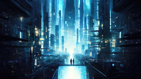 Futuristic city with glowing skyscrapers and neon lights 3D rendering (ai generated)の素材