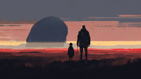 Illustration of a man and a child walking in the field at sunsetの素材