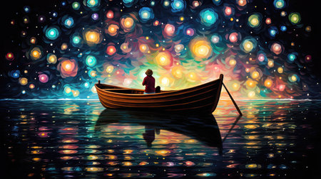 Fantasy scene with man in boat and colorful bokeh lights (ai generated)の素材