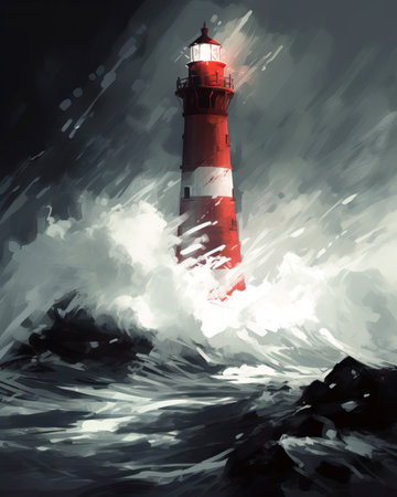 Red and white striped lighthouse on a stormy sea. Illustration (ai generated)の素材