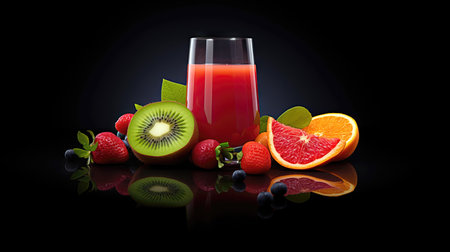 Fruit juice in a glass and fresh fruits on a black background (ai generated)の素材